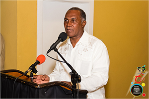 Premier of Nevis Hon. Vance Amory delivering remarks at a cocktail he hosted for the Culturama 40 contestants on July 16, 2014 at the Nevis Performing Arts Centre courtyard